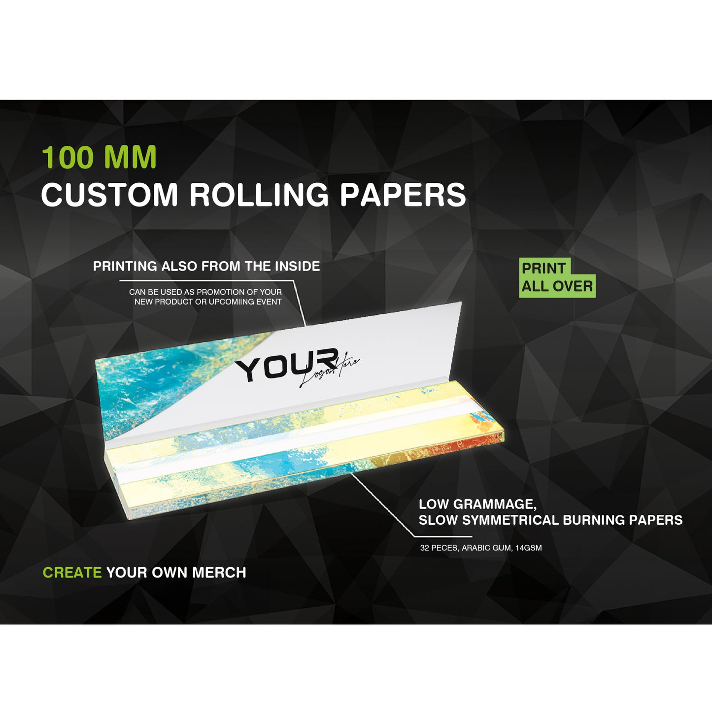 Custom Rolling Papers – King Size Slim with Your Logo | Handmade, 32 Sheets per Pack